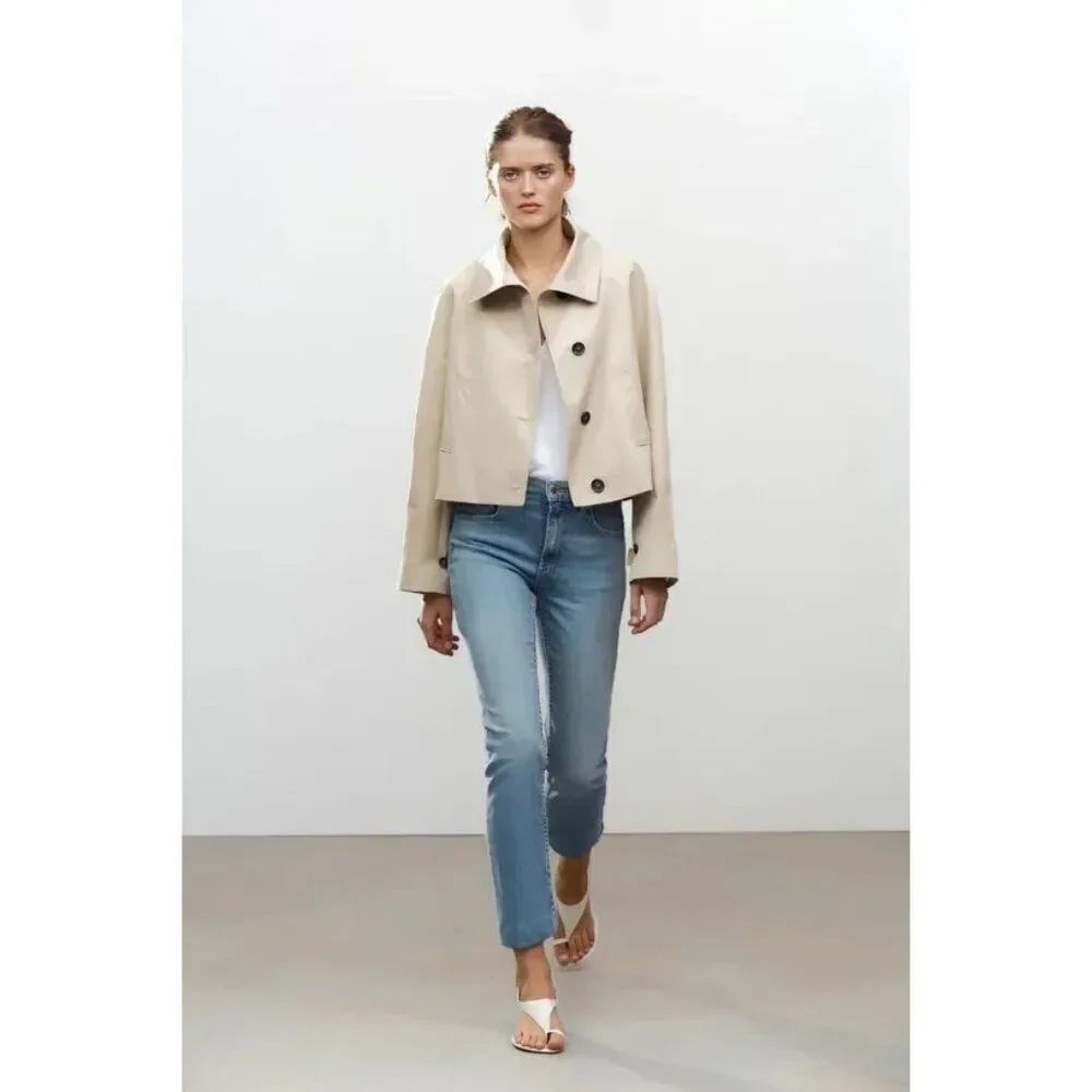 Zara Womens Short Trench Coat Size L Beige Button Front Long Sleeve 2574/060 NWT